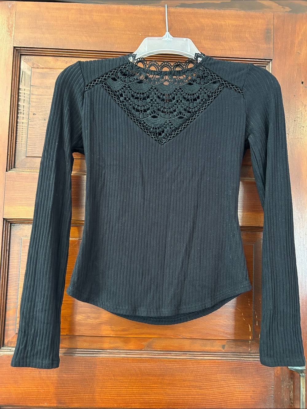 mine Black Ribbed Long Sleeve Top with Lace Yoke M